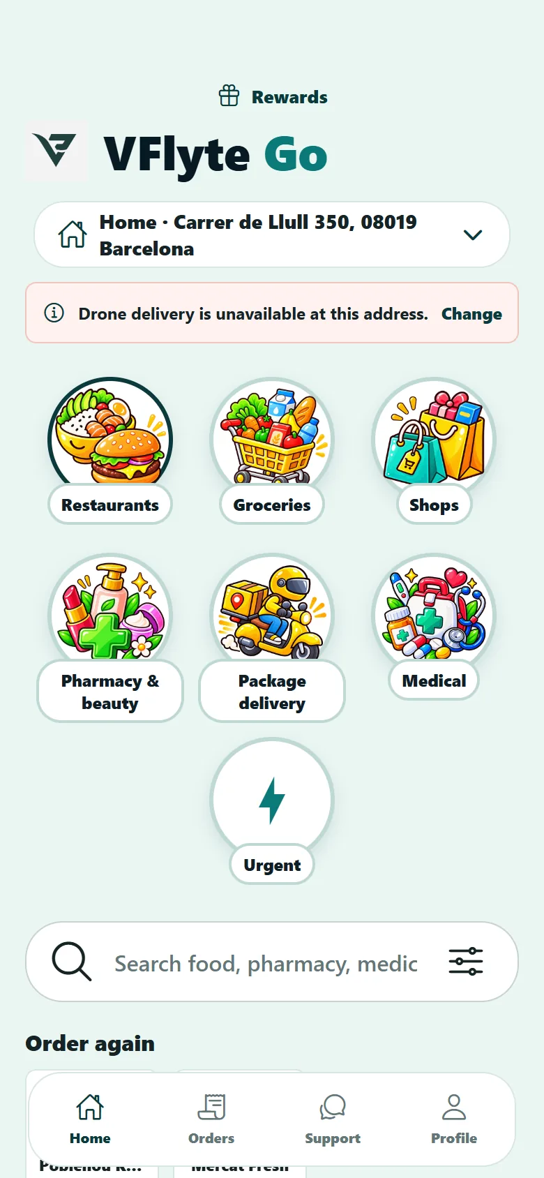 Vista previa de VFlyte Go con categorías locales y una dirección de entrega